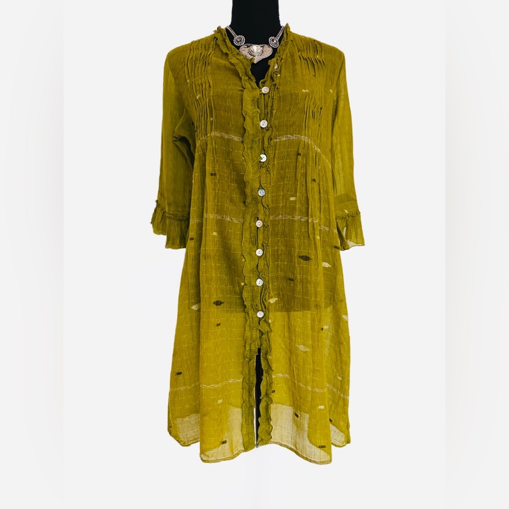 TIRAMISU ~ Sheer Olive Green 3/4 Length Ruffled Sleeves w/Iridescent Buttons